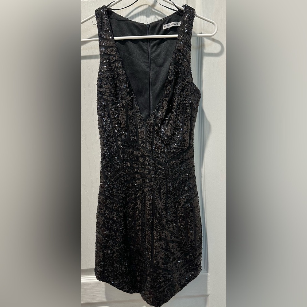PepperMayo Sleeveless Plunging V Neck Sparkly Mini Dress in Geo Stripe Sequin
